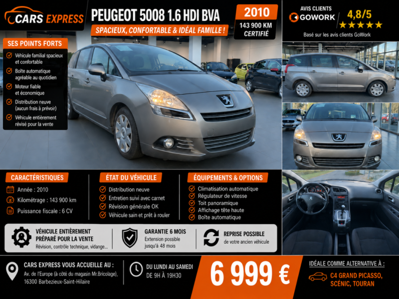 PEUGEOT 5008 1,6 EHDI 115CV PREMIUM BVA  5PLACES GARANTIE 6MOIS