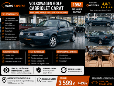 VOLKSWAGEN GOLF CABRIO 1.6 100CV CARAT EDITION GARANTIE 6MOIS