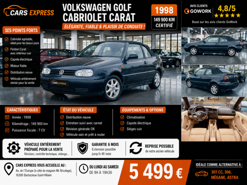 VOLKSWAGEN GOLF CABRIO 1.6 100CV CARAT EDITION GARANTIE 6MOIS