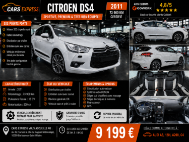 CITROEN DS DS4 1.6 TURBO 200CV SPORT CHIC TOUTES OPTIONS GARANTIE 6MOIS