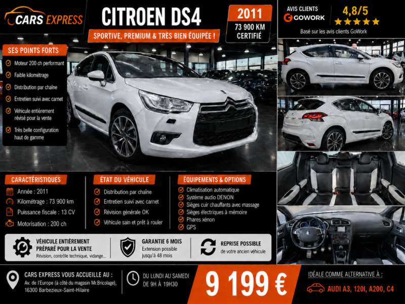 CITROEN DS DS4 1.6 TURBO 200CV SPORT CHIC TOUTES OPTIONS GARANTIE 6MOIS