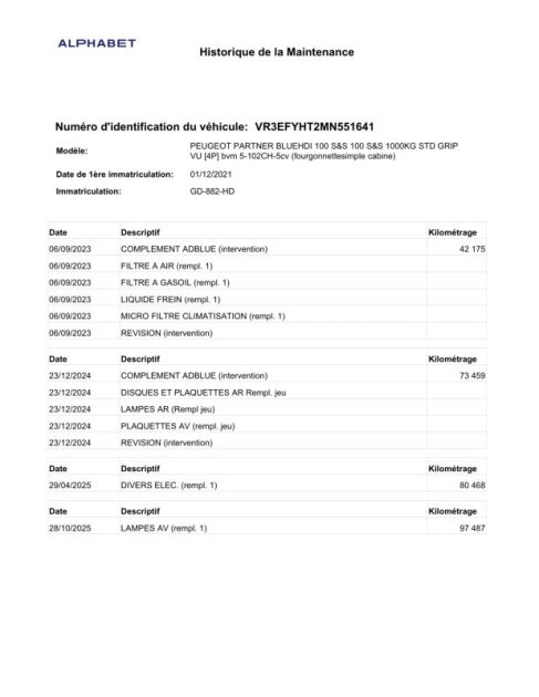 PEUGEOT PARTNER 1000 KG BLUEHDI 100CH CAMERA CAR PLAY 3 PLACES  2020