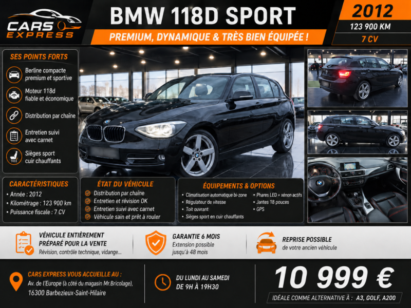 BMW 118D SPORT 5PORTES CUIR, TOIT OUVRANT GARANTIE 6MOIS