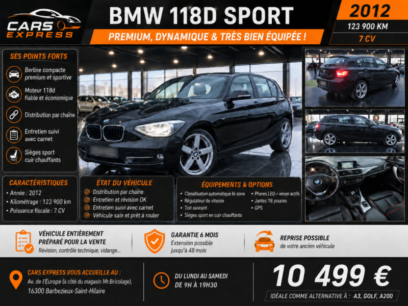 BMW 118D SPORT 5PORTES CUIR, TOIT OUVRANT GARANTIE 6MOIS