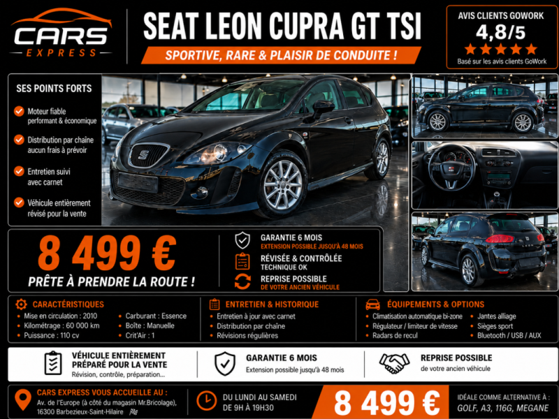 SEAT LEON TSI CUPRA GT DESIGN 2012 1ER MAIN GARANTIE 6MOIS