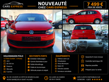 VOLKSWAGEN POLO 1.2 70CV CONFORT 5PORTES 1ER MAIN GARANTIE 6MOIS