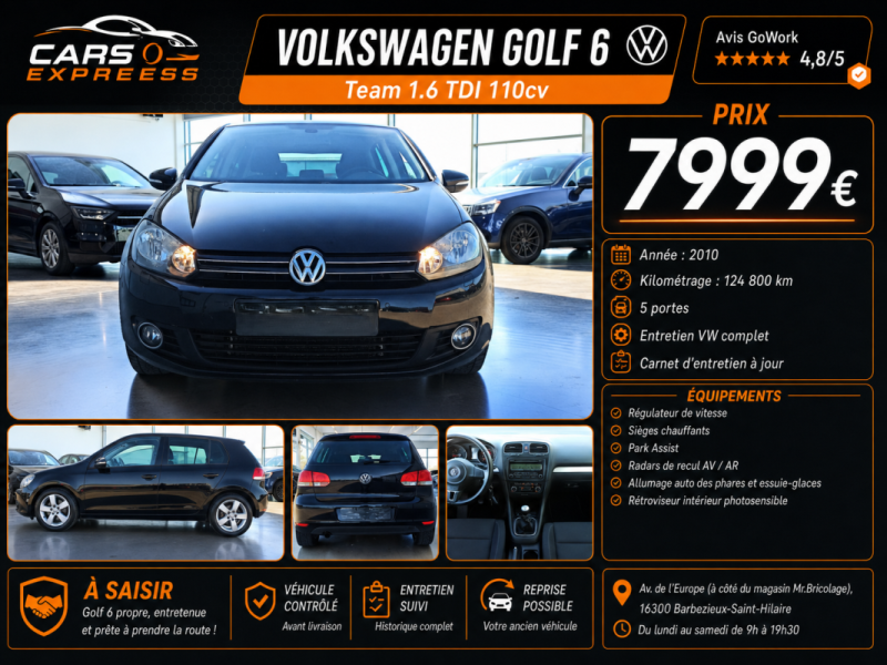 VOLKSWAGEN GOLF 1.6 TDI 110CV TEAM 5PORTES GARANTIE 6MOIS