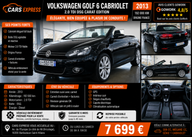 VW GOLF 6 CABRIOLET 2.0 TDI 140CV DSG CARAT EDITION GARANTIE 6MOIS