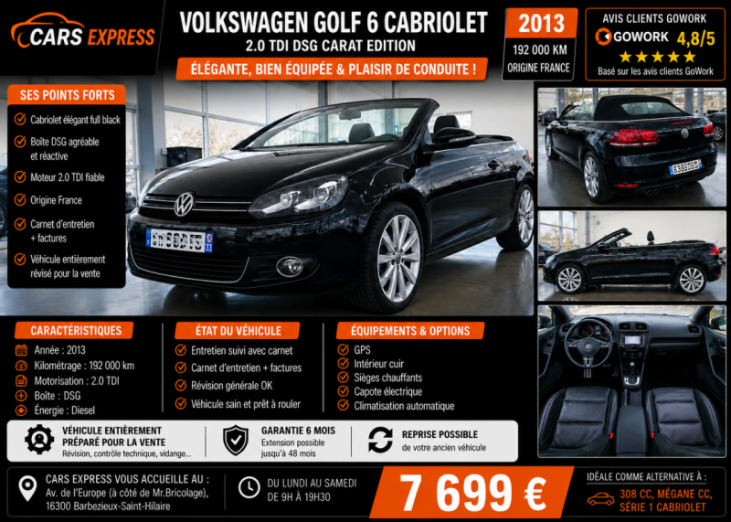 VW GOLF 6 CABRIOLET 2.0 TDI 140CV DSG CARAT EDITION GARANTIE 6MOIS
