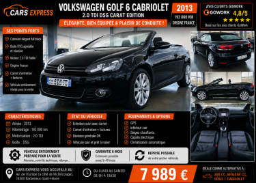 VW GOLF 6 CABRIOLET 2.0 TDI 140CV DSG CARAT EDITION GARANTIE 6MOIS