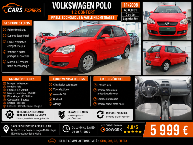 VOLKSWAGEN POLO 1.2 CONFORTLINE 5P 1ER MAIN GARANTIE 6MOIS