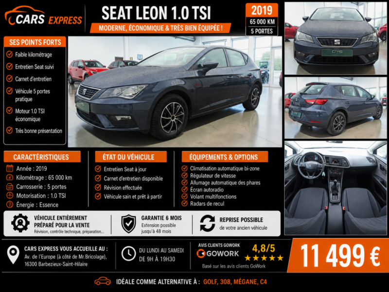 SEAT LEON TSI 5PORTES 1ER MAIN GARANTIE 6MOIS ETAT NEUF