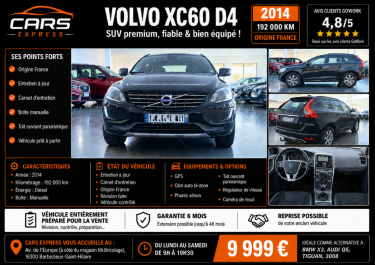 VOLVO XC60 D4 181CH  BVM6 MOMEMTUM 2014 GARANTIE 6MOIS