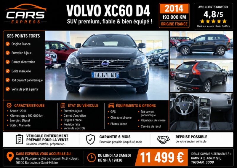 VOLVO XC60 D4 181CH  BVM6 MOMEMTUM 2014 GARANTIE 6MOIS