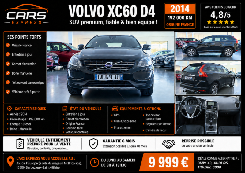 VOLVO XC60 D4 181CH  BVM6 MOMEMTUM 2014 GARANTIE 6MOIS