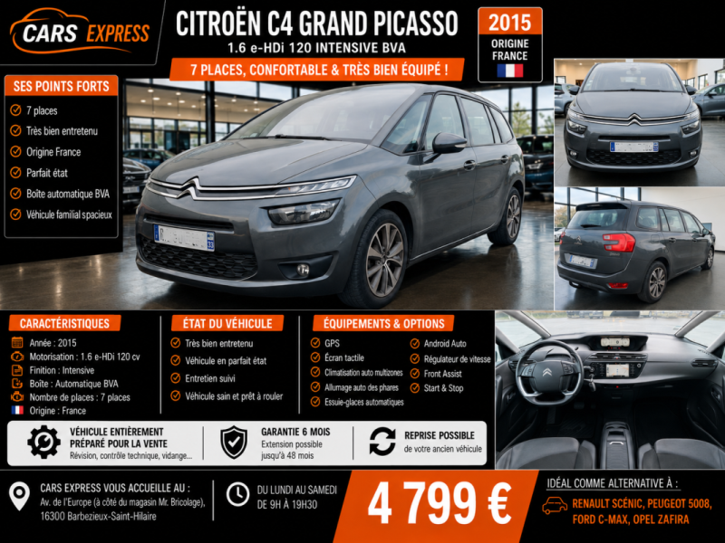CITROEN C4 GRAND 1.6 BLUE HDI 120 INTENSIVE EAT 7PLACES GARANTIE 6MOIS