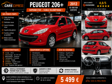 PEUGEOT 206+ 5P 2012 CRITAIR 1 1ER MAIN GARANTIE 6MOIS
