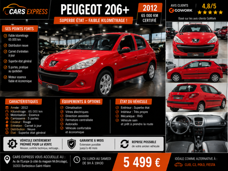 PEUGEOT 206+ 5P 2012 CRITAIR 1 1ER MAIN GARANTIE 6MOIS