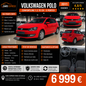 VOLKSWAGEN POLO 1.2 70CV 5PORTES CONFORLINE GARANTIE 6MOIS
