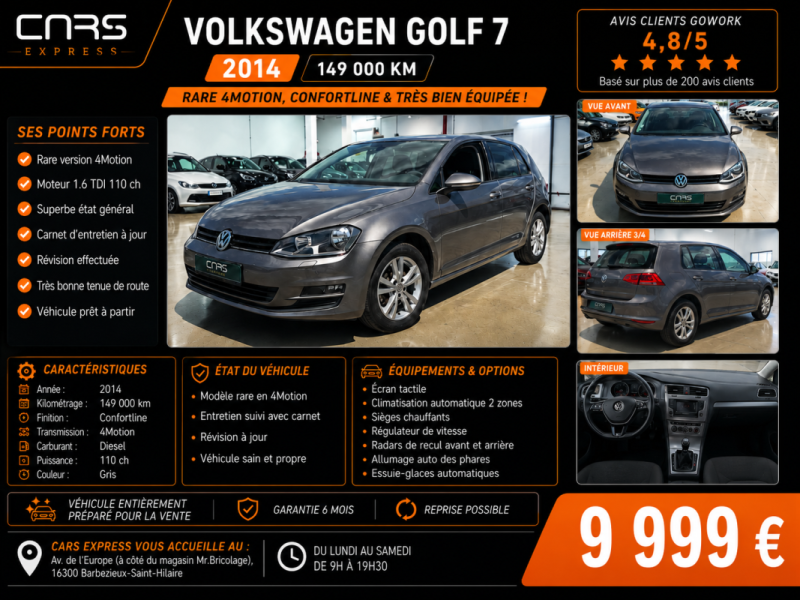VOLKSWAGEN GOLF 1.6 TDI 4MOTION 5PORTES CONFORTLINE GARANTIE 6MOIS