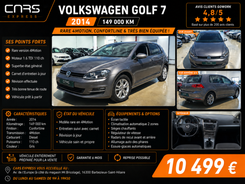 VOLKSWAGEN GOLF 1.6 TDI 4MOTION 5PORTES CONFORTLINE GARANTIE 6MOIS
