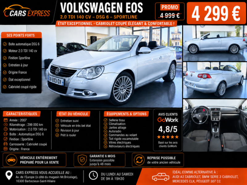 VOLKSWAGEN EOS 2.0TDI 140 DSG 2007 SPORTLINE EMBRAYAGES ET VOLANT MOTEUR NEUF GARANTIE 6MOIS