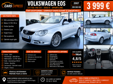 VOLKSWAGEN EOS 2.0TDI 140 DSG 2007 SPORTLINE GPS GARANTIE 6MOIS