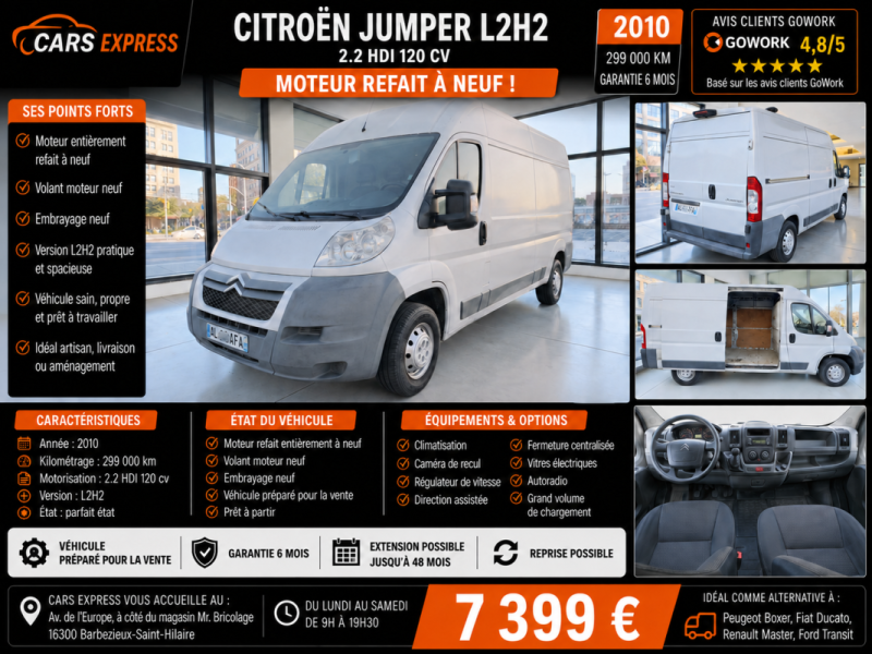 CITROEN JUMPER FT30 L2H2 2.2 HDI 120CV  MOTEUR REFAIT A NEUF GARANTIE 6MOIS
