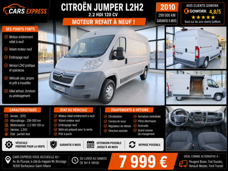 CITROEN JUMPER FT30 L2H2 2.2 HDI 120CV  MOTEUR REFAIT A NEUF GARANTIE 6MOIS