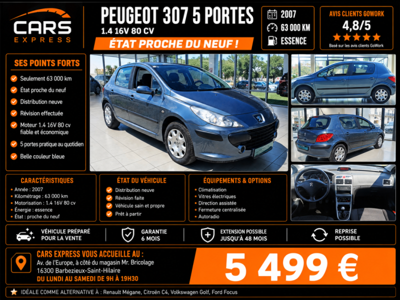 PEUGEOT 307 1.4 5PORTES EXCELLENT ETAT GARANTIE 6MOIS 1ER MAIN