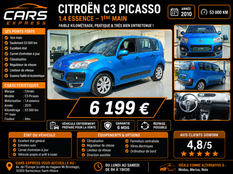 CITROEN C3 PICASSO 1.4 95CV 1ER MAIN GARANTIE 6MOIS