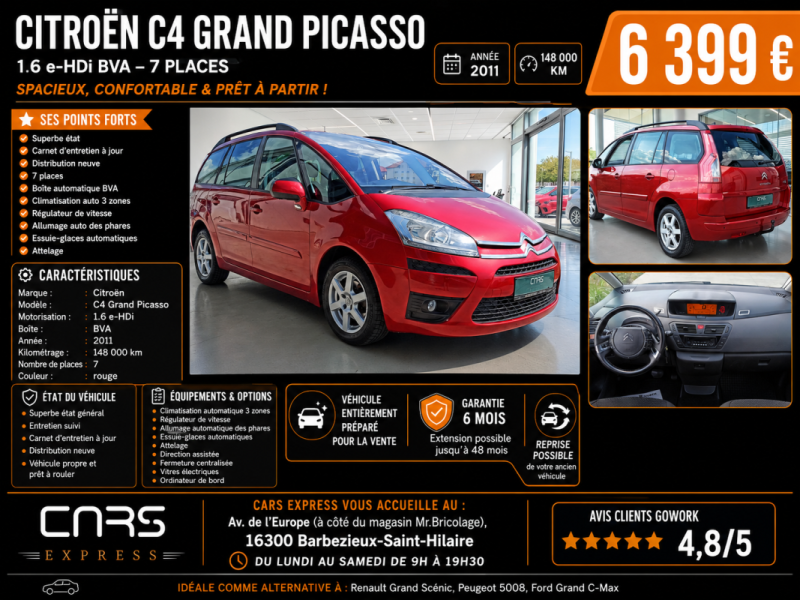 CITROEN C4 GRAND PICASSO 1.6 EHDI BVA 7PLACES GARANTIE 6MOIS