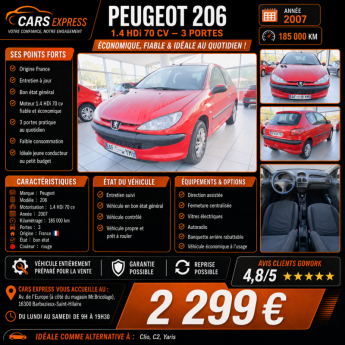 PEUGEOT 206 3 PORTES 1.4 HDI ECO 70CV  2007 GARANTIE 6MOIS