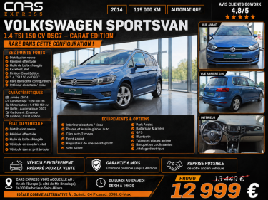 VOLKSWAGEN GOLF SPORTVAN 1.4 TSI 150CV DSG7 CARAT EDITION GARANTIE 6MOIS