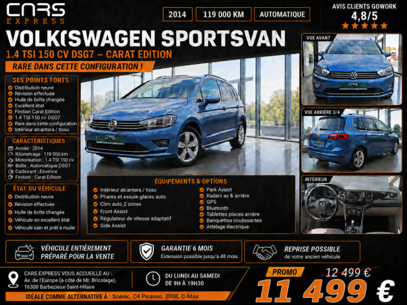 VOLKSWAGEN GOLF SPORTVAN 1.4 TSI 150CV DSG7 CARAT EDITION GARANTIE 6MOIS