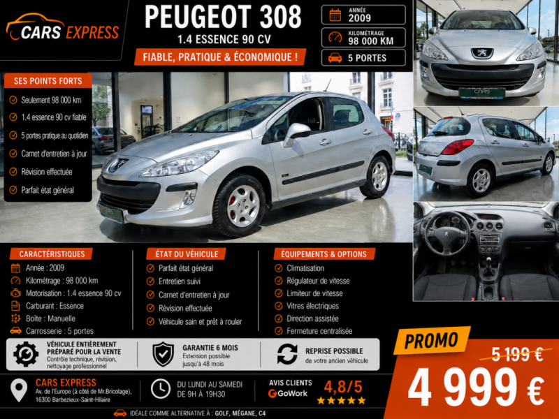 PEUGEOT 308 1.4 90CV 5PORTES PARFAIT ETAT GARANTIE 6MOIS
