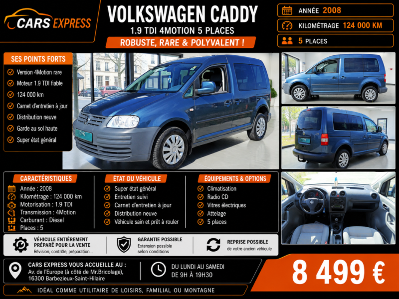 VOLKSWAGEN CADDY 1.9 TDI 4MOTION 4X4 BV6 GARANTIE 6MOIS