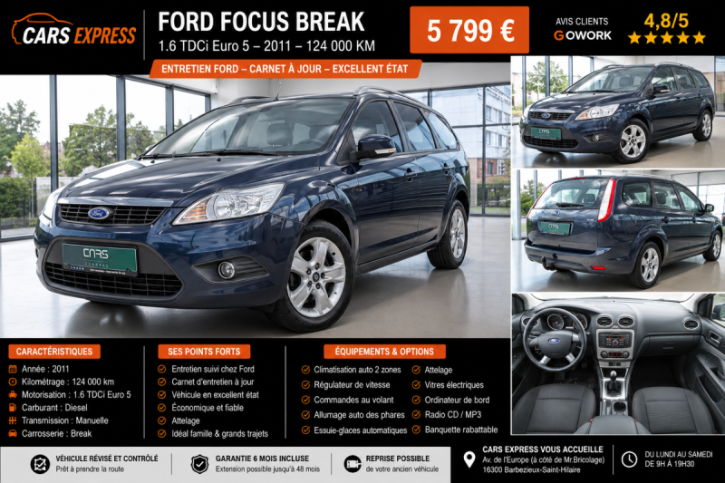 FORD FOCUS 1.6 TDCI BREAK 1ER MAIN GARANTIE 6MOIS