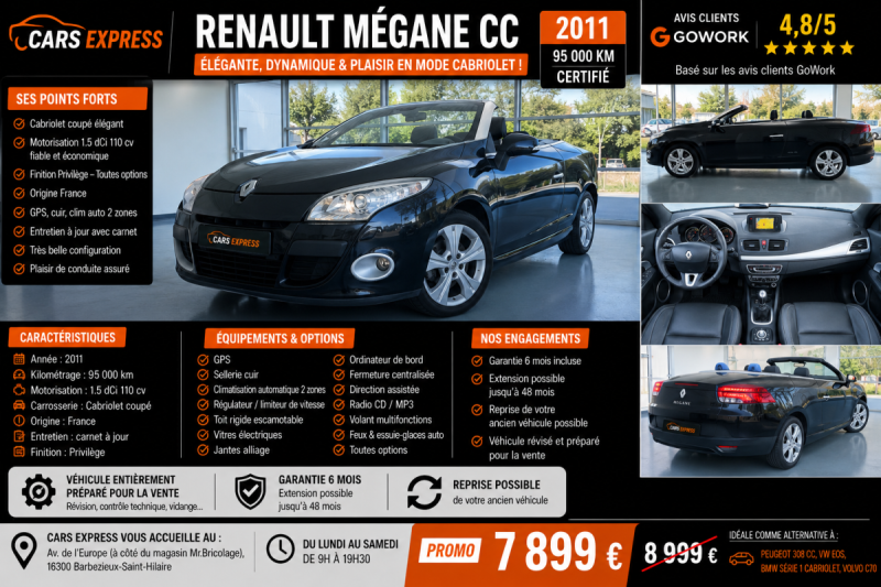 RENAULT MEGANE CC 1.5 DCI 110 BV6 PRIVILEGE GARANTIE 6MOIS