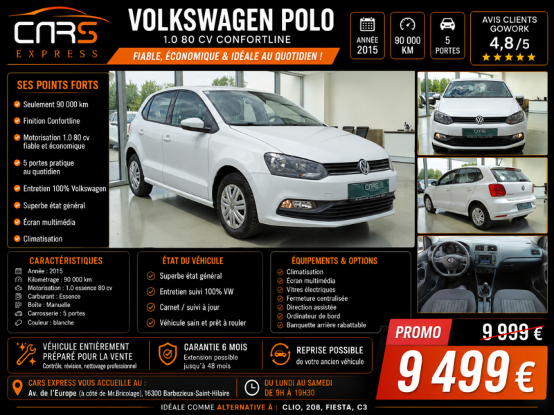 VOLKSWAGEN POLO CONFORTLINE 5PORTES 80CV 1ER MAIN GARANTIE 6MOIS 
