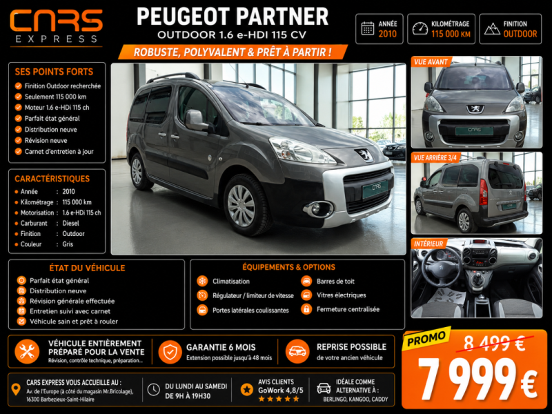 PEUGEOT PARTNER OUTDOOR 1.6 EHDI 115CV GARANTIE 6MOIS