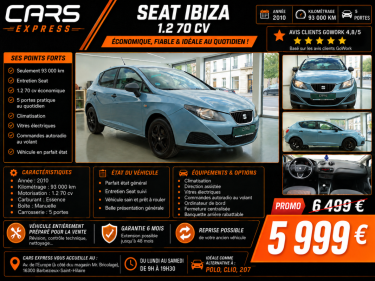 SEAT IBIZA 5PORTES 1.2 70CV 1ER MAIN GARANTIE 6MOIS