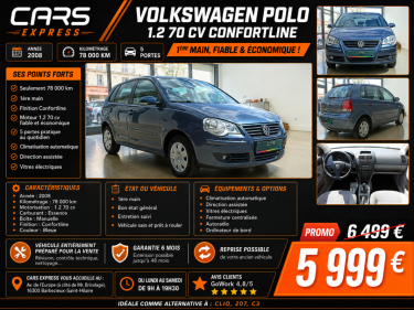 VOLKSWAGEN POLO 1.2 5PORTES CONFORTLINE 1ER MAIN GARANTIE 6MOIS