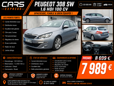 PEUGEOT 308 II SW 1.6 BLUE HDI 100 ACCESS TOIT PANORAMIQUE 6 MOIS DE GARANTIE