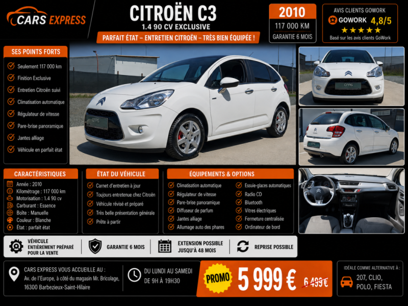 CITROEN C3 1.4 90CV EXCLUSIVE 1ER MAIN GARANTIE 6MOIS