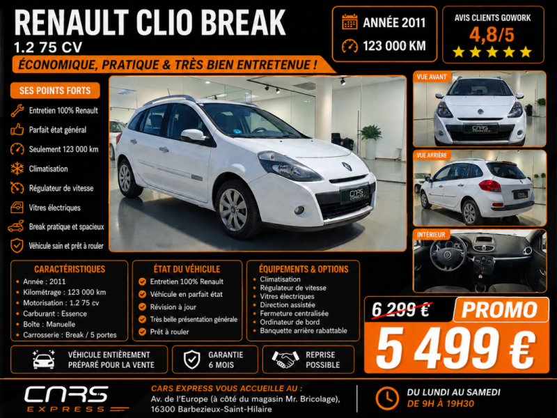 RENAULT CLIO BREAK 1.2 75CV  1ER MAIN GARANTIE 6MOIS