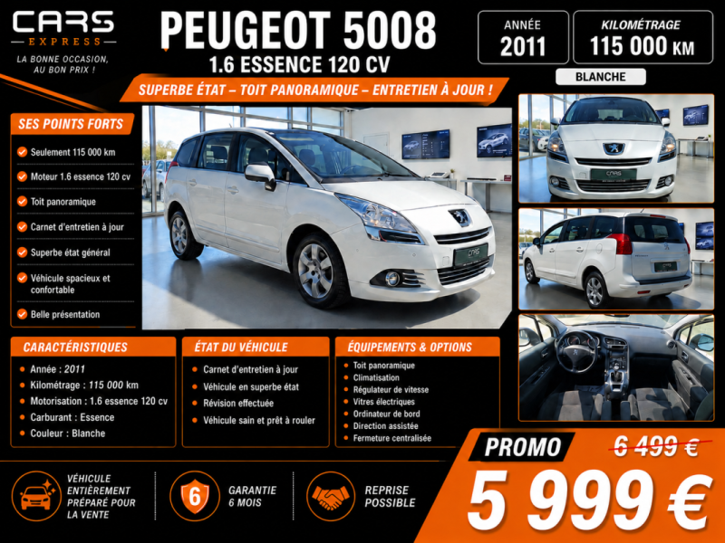 PEUGEOT 5008 1.6 120CV  TOIT PANORAMIQUE 1ER MAIN GARANTIE 6MOIS