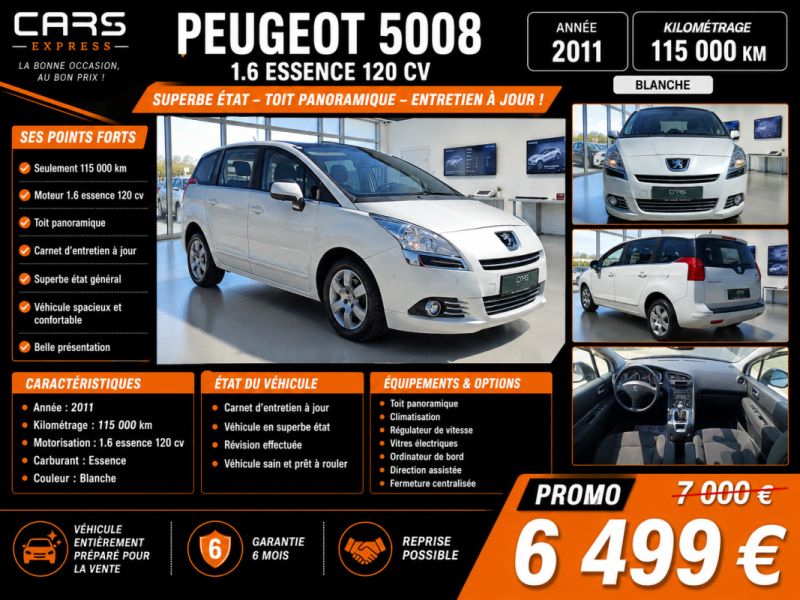 PEUGEOT 5008 1.6 120CV  TOIT PANORAMIQUE 1ER MAIN GARANTIE 6MOIS