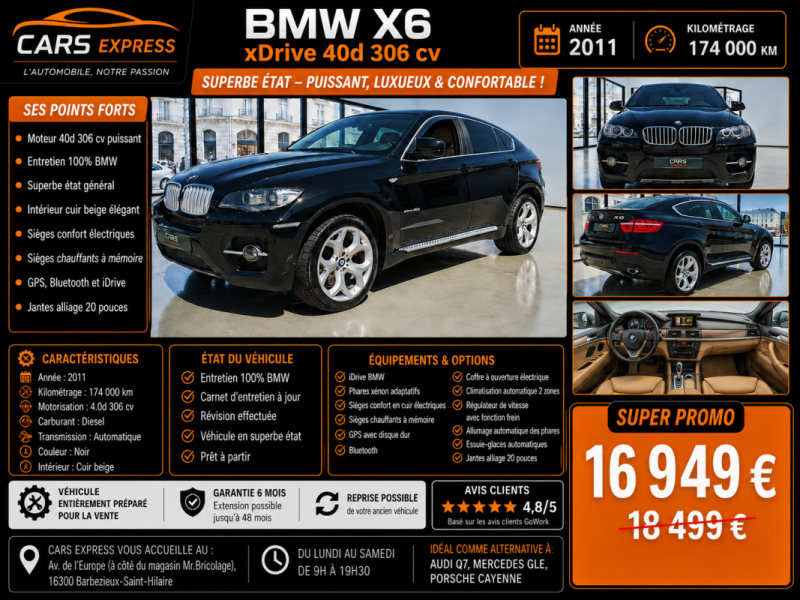 BMW X6 4.0D 306CV BVA8 LCI EXCLUSIVE ENTRETIEN BMW GARANTIE 6MOIS