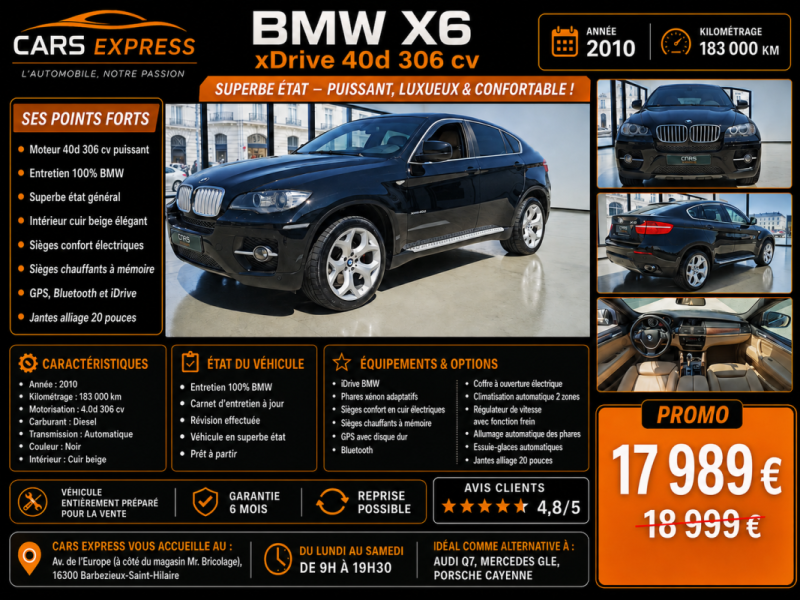 BMW X6 4.0D 306CV EXCLUSIVE ENTRETIEN BMW GARANTIE 6MOIS